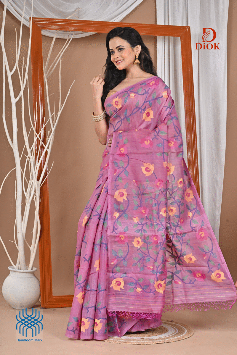 Pink Tussar Handwoven Jamdani Saree - Image 2