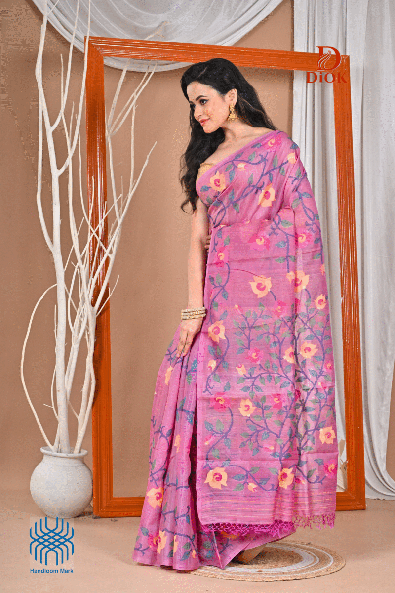 Pink Tussar Handwoven Jamdani Saree - Image 5