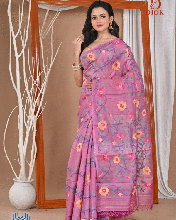 Pink Tussar Handwoven Jamdani Saree