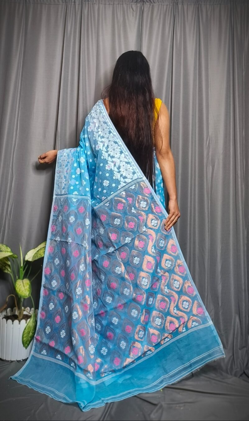 Sky Blue Allover Mina Work Jamdani Saree - Image 2