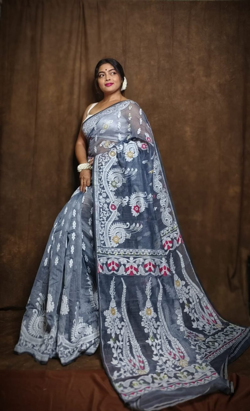 Subholata Soft Grey Jamdani Saree