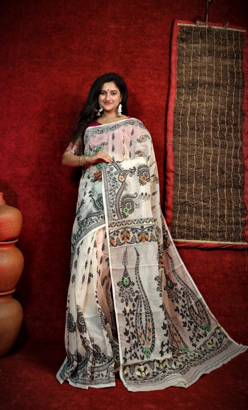 Subholata Soft White Black Jamdani Saree