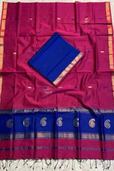 Maheshwari Design Berry Cotton Silk Handloom Saree with Blouse Piece