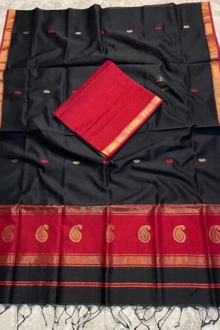 Maheshwari Design Dark Cotton Silk Handloom Saree with Blouse Piece