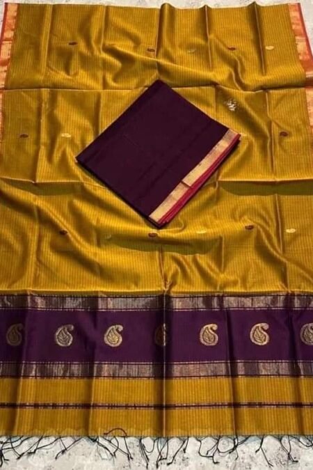 Maheshwari Design Dark Goldenrod Cotton Silk Handloom Saree with Blouse Piece