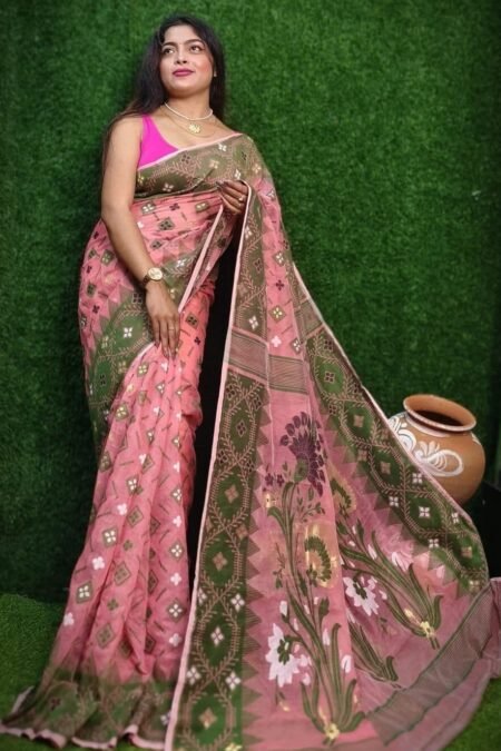 Ruddy Pink Soft Dhakai Jamdani Saree
