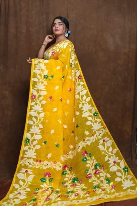Yellow Soft Lota Jamdani Sari