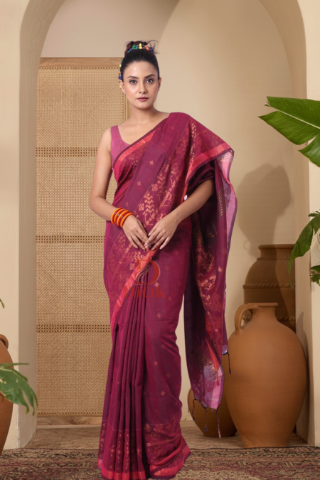 Magenta Handloom Cotton Saree with Golden Zari Motifs