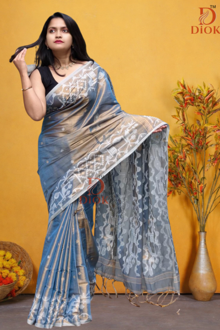 Traditional Steel Blue Tissue Jamdani Saree
