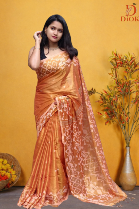 Traditional Sunset Gold Tissue Jamdani Saree