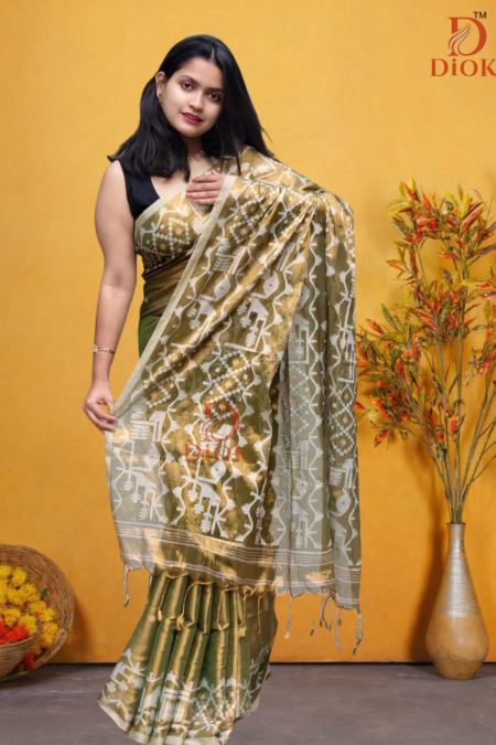 Traditional Olive Green Tissue Jamdani Saree