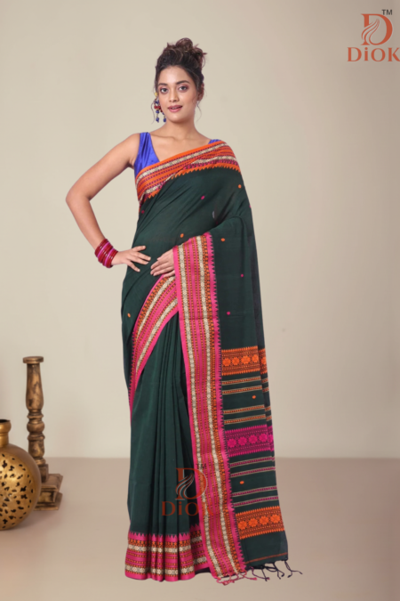 Cotton Handloom Bottle Green Soft Saree