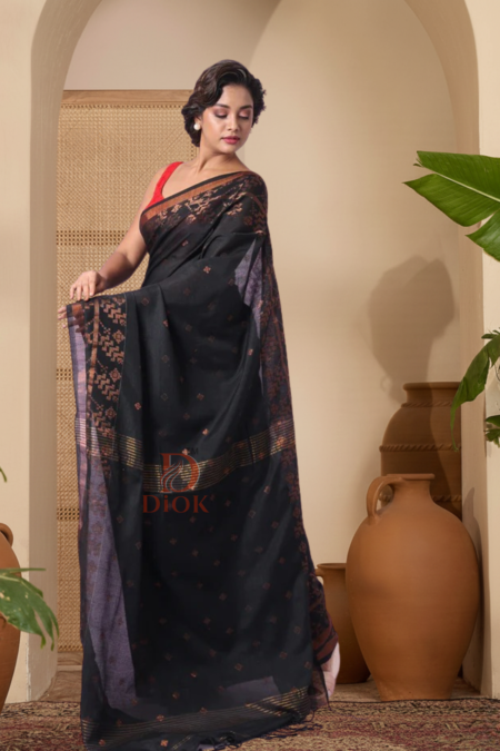 Black Handloom Cotton Saree with Golden Zari Motifs