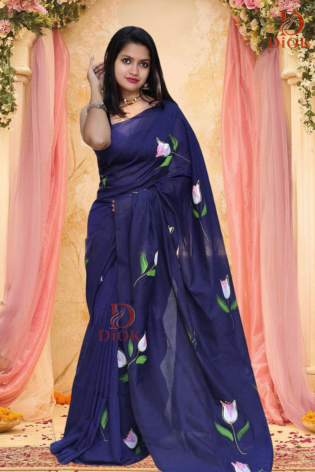 Blue Hand Painted Cotton Saree