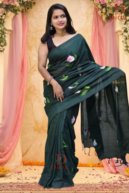 Bottle Green Hand Painted Cotton Saree