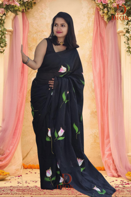 Black Hand Painted Cotton Saree