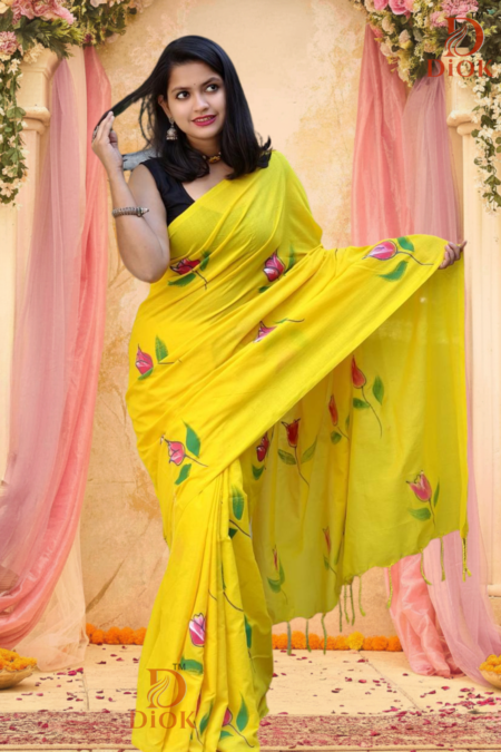 Yellow Hand Painted Cotton Saree