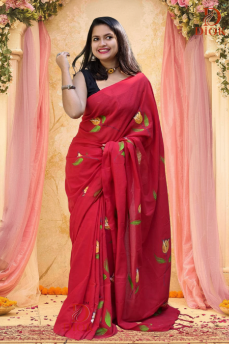 Red Hand Painted Cotton Saree