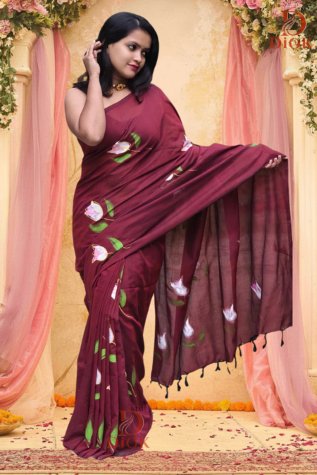 Burgundy Hand Painted Cotton Saree