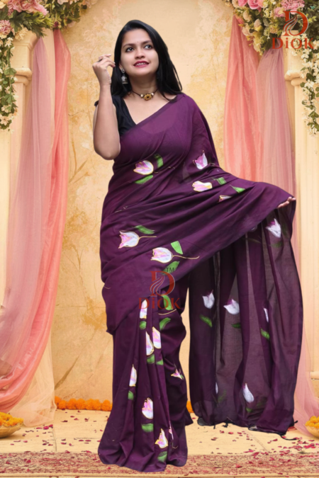 Dark Purple Hand Painted Cotton Saree