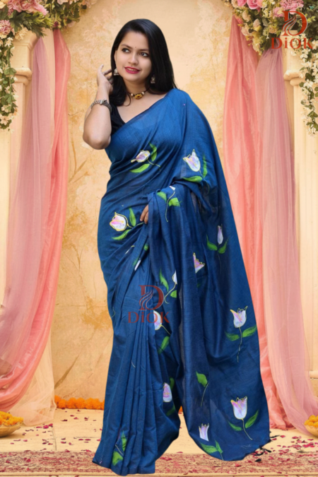 Blue Hand Painted Cotton Saree