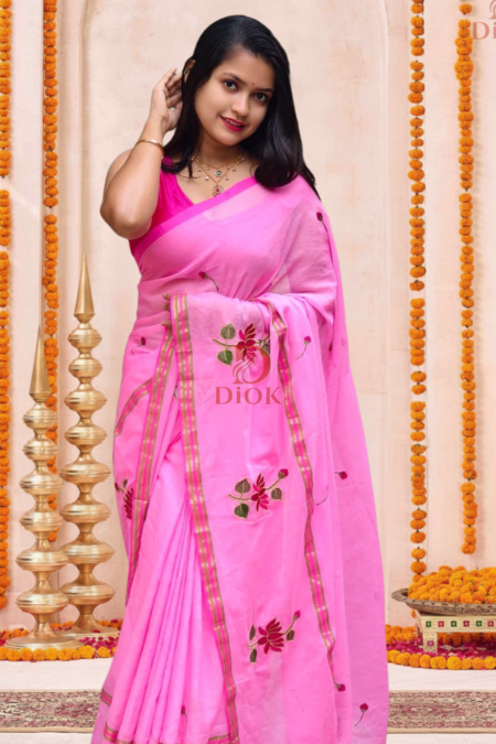 Pink Embroidered Lotus Bloom Cotton Saree