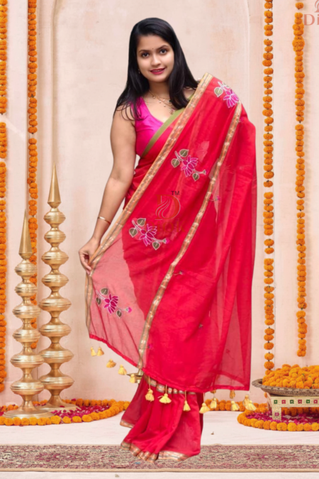 Red Embroidered Lotus Bloom Cotton Saree