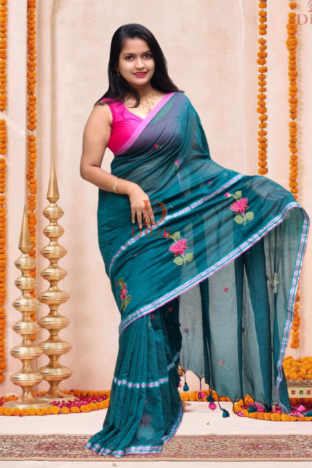 Embroidered Lotus Bloom Cotton Saree