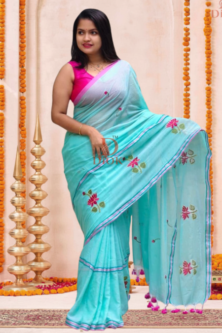 Turquoise Embroidered Lotus Bloom Cotton Saree