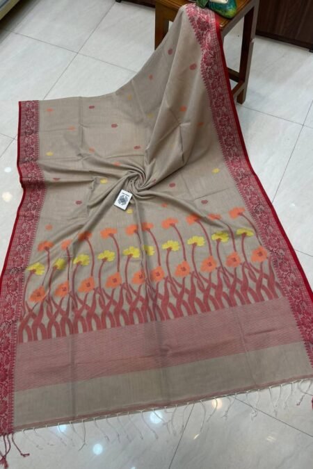 Dusty Grey Traditional Flower Design Cotton Saree