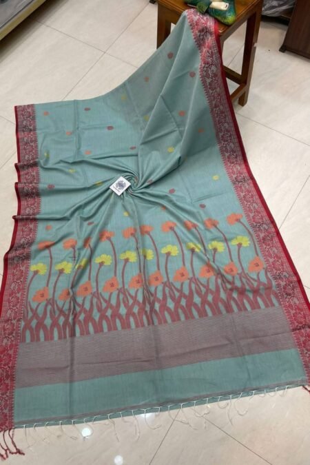 Sea Green Traditional Flower Design Cotton Saree