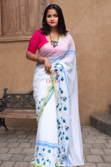 White Embroidered Mul Cotton Saree