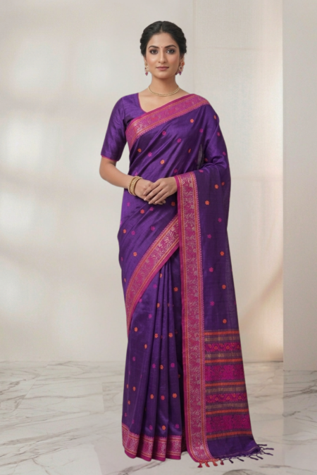 Traditional Handwoven Tussar Baluchuri Saree in Purple & Pink