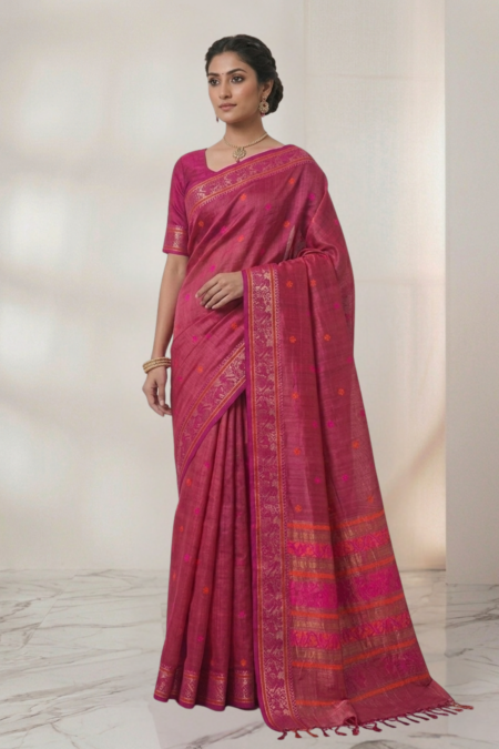 Traditional Handwoven Tussar Baluchuri Saree in Magenta Tone
