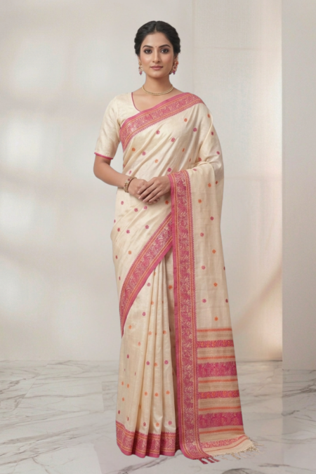Traditional Handwoven Tussar Baluchuri Saree in Off White