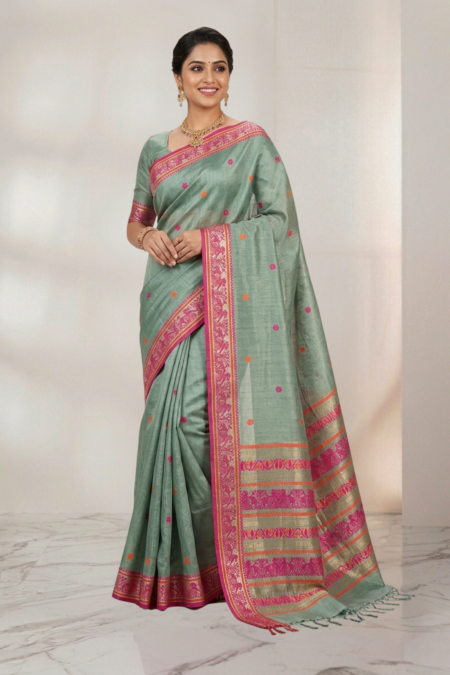 Traditional Handwoven Tussar Baluchuri Saree in Sea Green