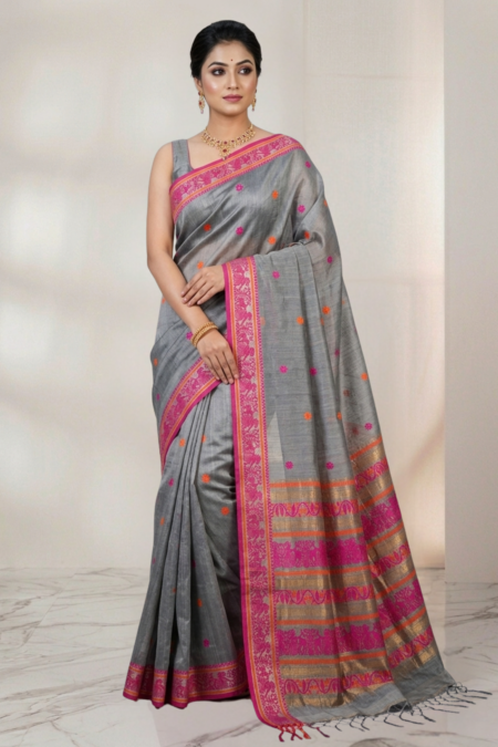 Traditional Handwoven Tussar Baluchuri Saree in Ash Grey
