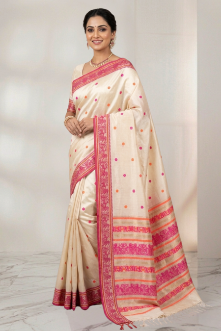 Traditional Handwoven Tussar Baluchuri Saree in Off White