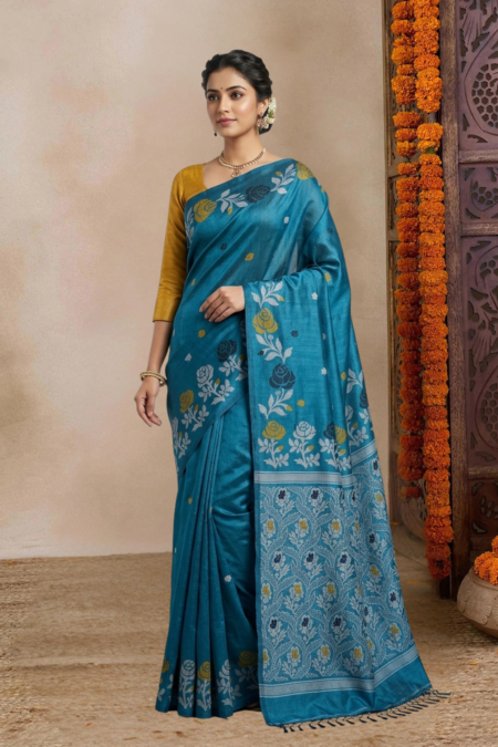 Premium Tussar Saree with Floral Jamdani Weave