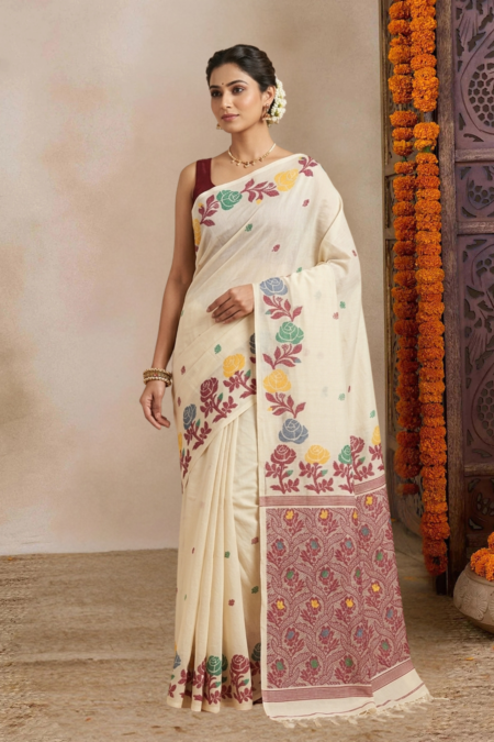 Premium Tussar Saree with Floral Jamdani Weave