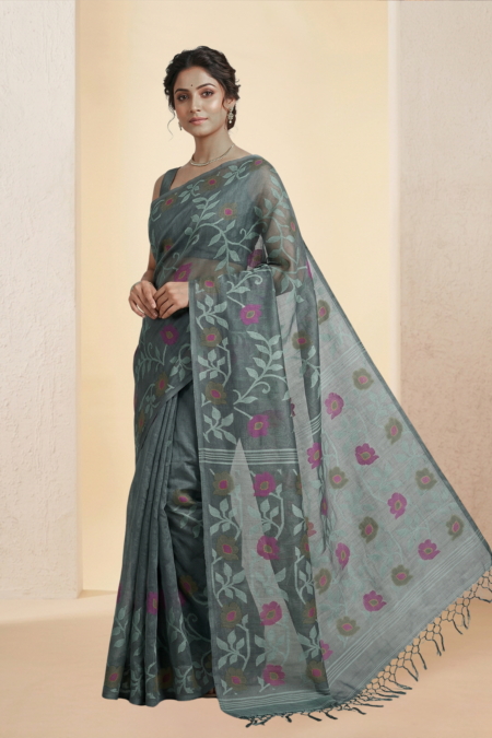 Premium Tussar Saree with Floral Jamdani Weave