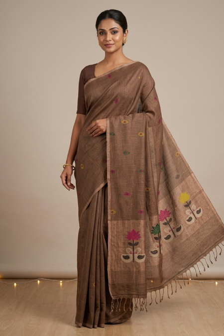 Designer Linen Silk Handloom Saree with Elegant Buti & Floral Border Work