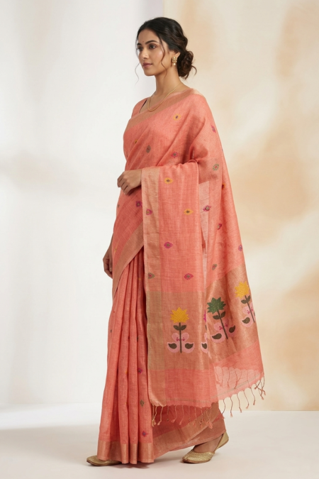 Designer Linen Silk Handloom Saree with Elegant Buti & Floral Border Work