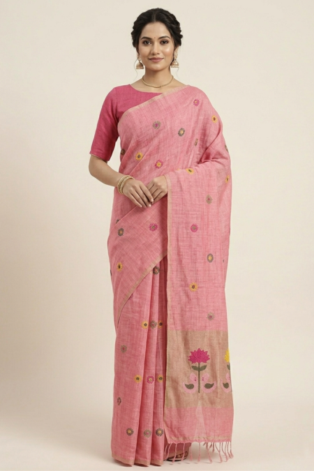 Designer Linen Silk Handloom Saree with Elegant Buti & Floral Border Work