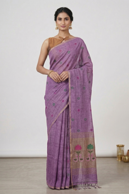 Designer Linen Silk Handloom Saree with Elegant Buti & Floral Border Work