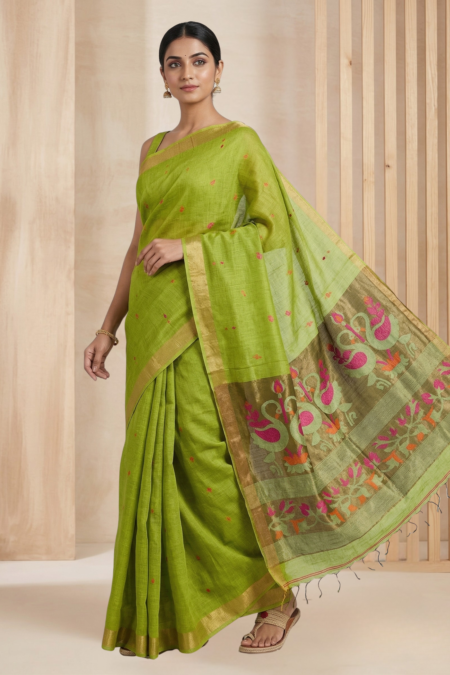 Handcrafted Resham Tissue Linen Jamdani with Intricate Swan Motifs