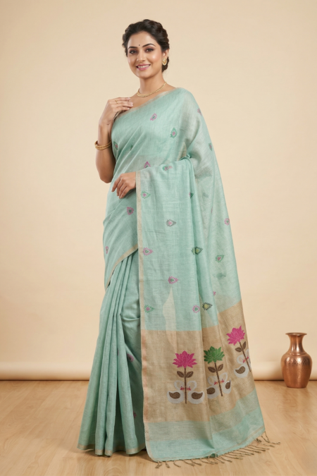 Designer Linen Silk Handloom Saree with Elegant Buti & Floral Border Work