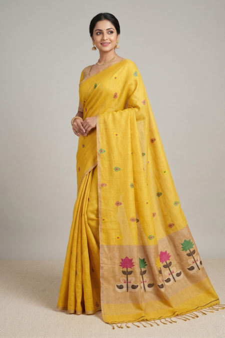 Designer Linen Silk Handloom Saree with Elegant Buti & Floral Border Work