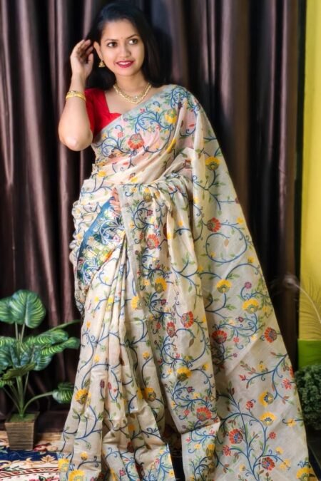 Ethereal Cream Tussar with Midnight Blue & Ochre Floral Tracery Saree