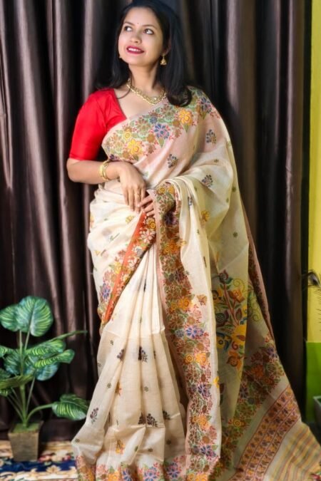 Exquisite Cream Handloom Jamdani Saree with Multi-Color Floral Weaves